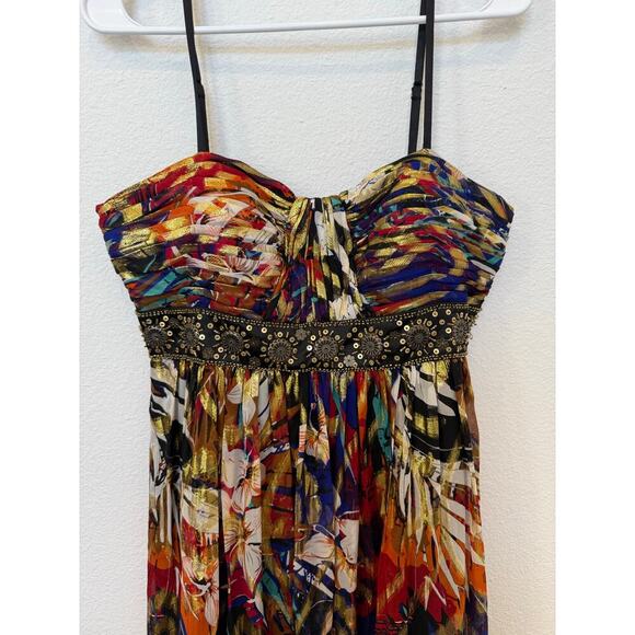 Vintage Oleg Cassini Silk Maxi Dress Gown Multicolor Metallic Beaded Eclectic 10 - Picture 3 of 13